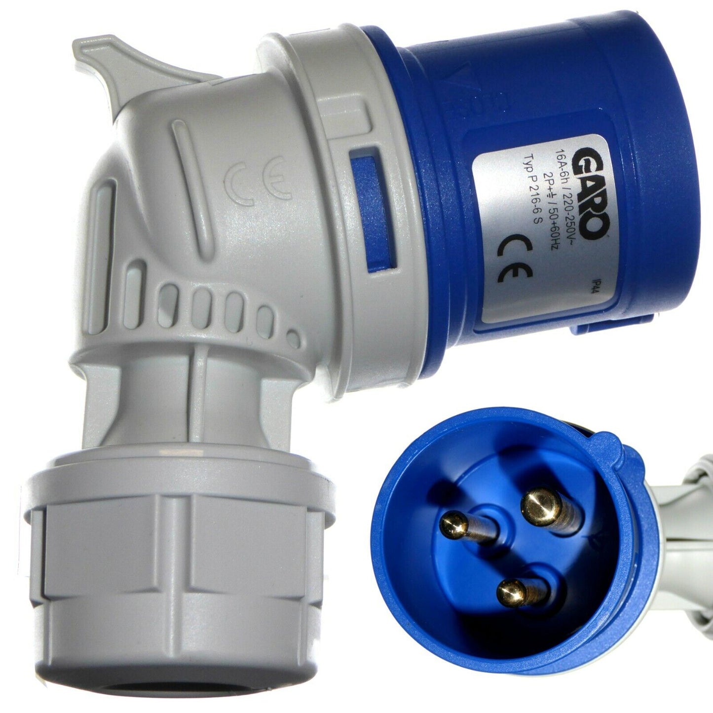 16 a 3 Pin Angled Plug 1 Phase Ip44 Caravan Camping 2 P+e 230 v Garo 16 Amp Blue